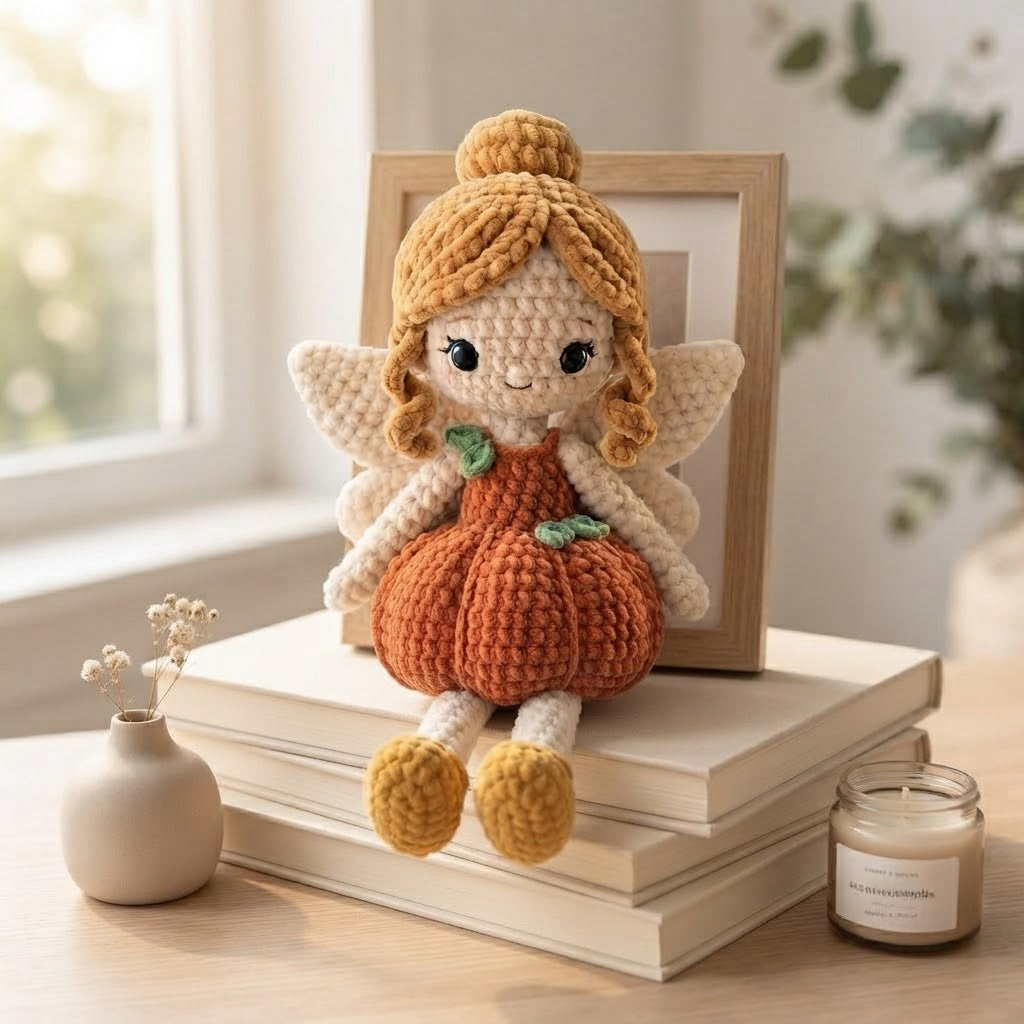 Handmade Pumpkin Fairy Crochet Doll – Autumn Amigurumi Plush, Fall Fairy Decor