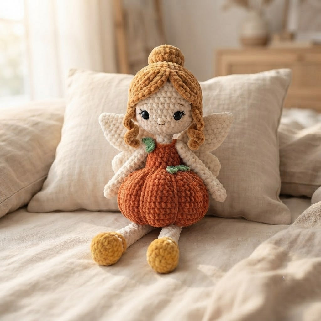 Handmade Pumpkin Fairy Crochet Doll – Autumn Amigurumi Plush, Fall Fairy Decor