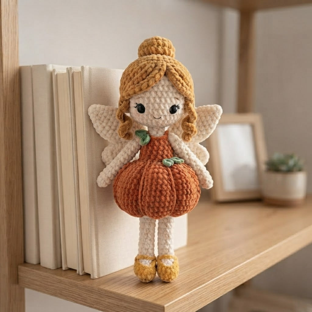 Handmade Pumpkin Fairy Crochet Doll – Autumn Amigurumi Plush, Fall Fairy Decor