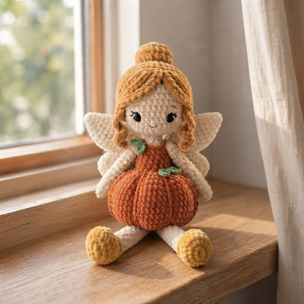 Handmade Pumpkin Fairy Crochet Doll – Autumn Amigurumi Plush, Fall Fairy Decor