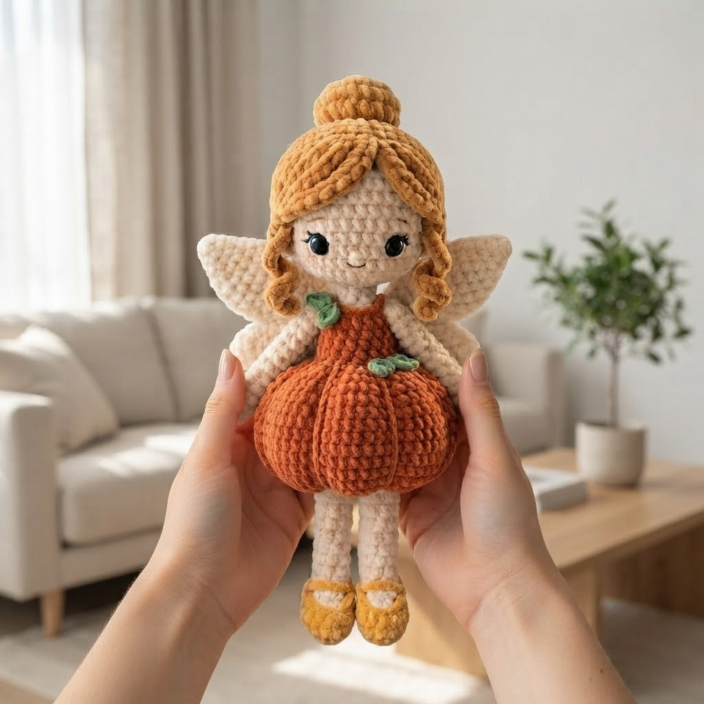 Handmade Pumpkin Fairy Crochet Doll – Autumn Amigurumi Plush, Fall Fairy Decor