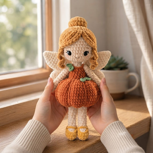 Handmade Pumpkin Fairy Crochet Doll – Autumn Amigurumi Plush, Fall Fairy Decor