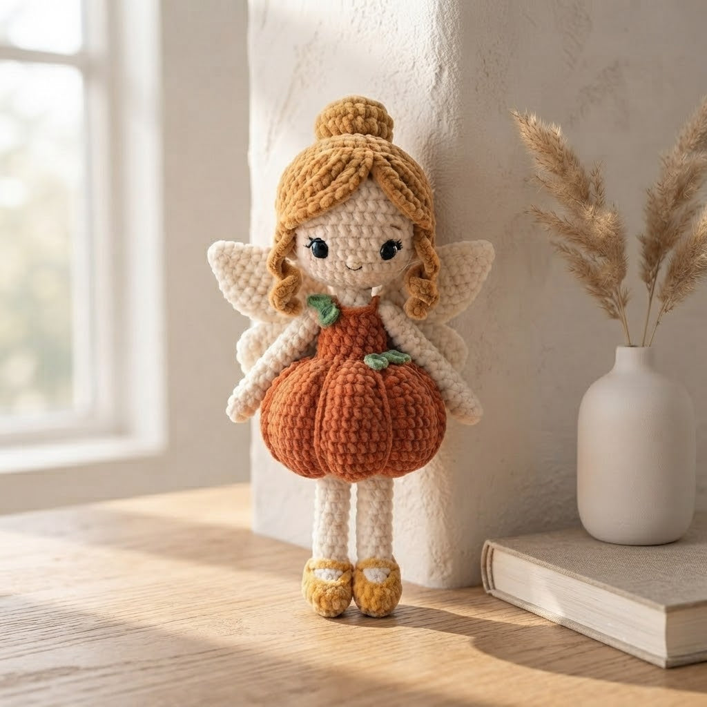 Handmade Pumpkin Fairy Crochet Doll – Autumn Amigurumi Plush, Fall Fairy Decor