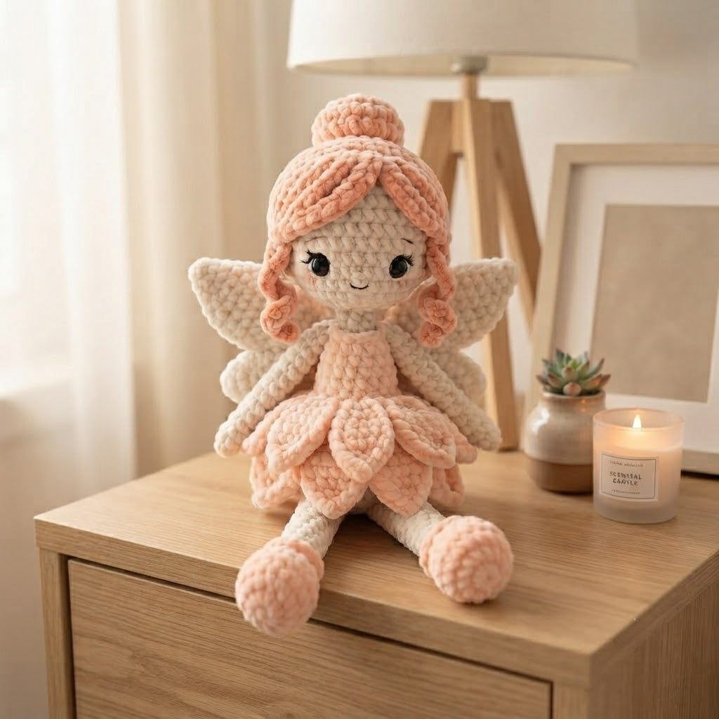 Handmade Peach Fairy Crochet Doll – Amigurumi Angel Plush, Soft Pastel Fairy Decor