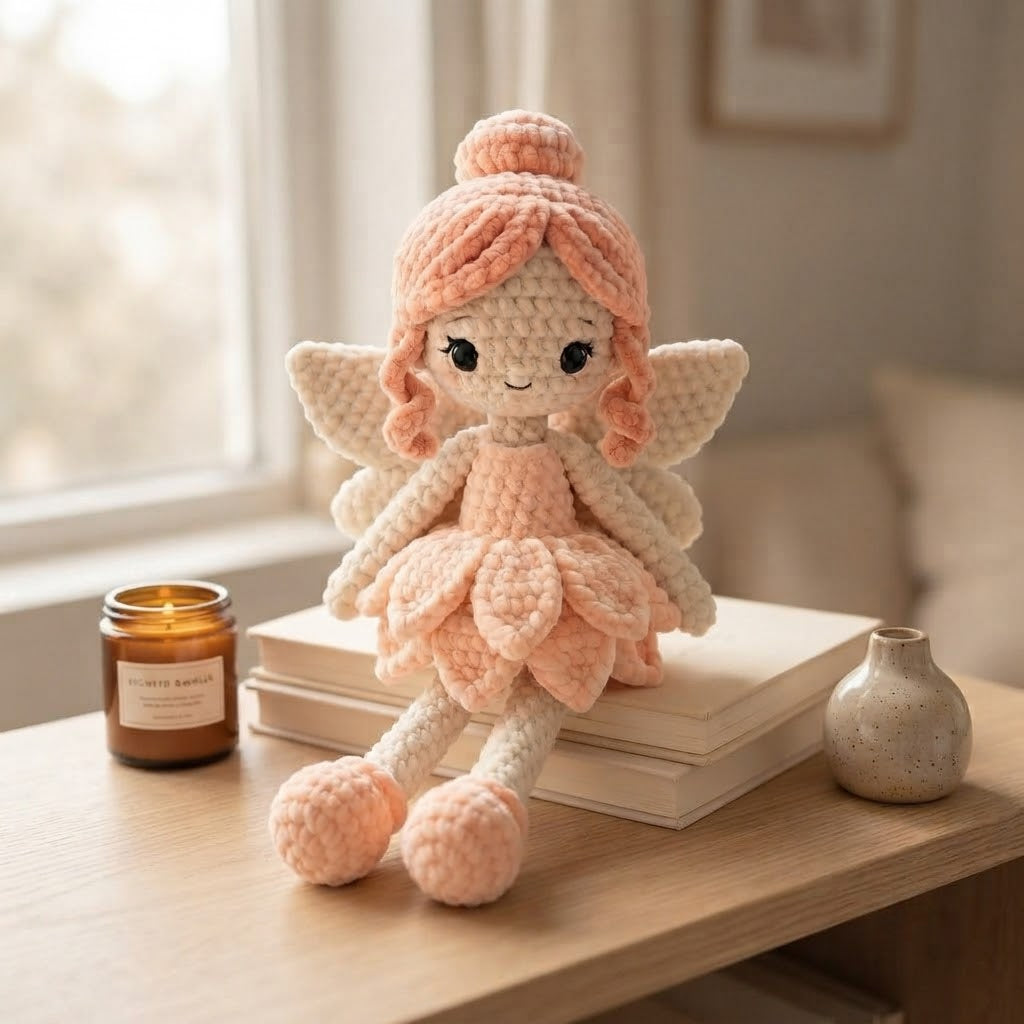 Handmade Peach Fairy Crochet Doll – Amigurumi Angel Plush, Soft Pastel Fairy Decor