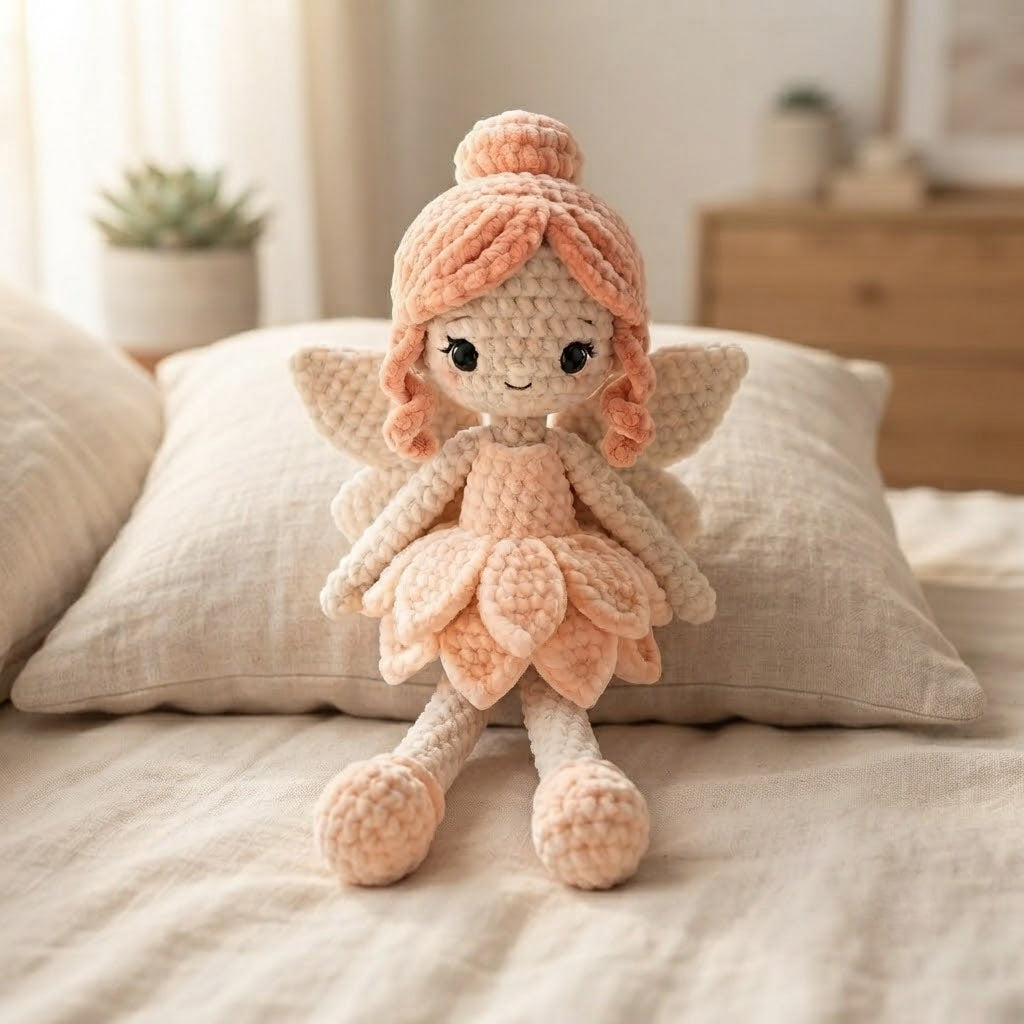 Handmade Peach Fairy Crochet Doll – Amigurumi Angel Plush, Soft Pastel Fairy Decor