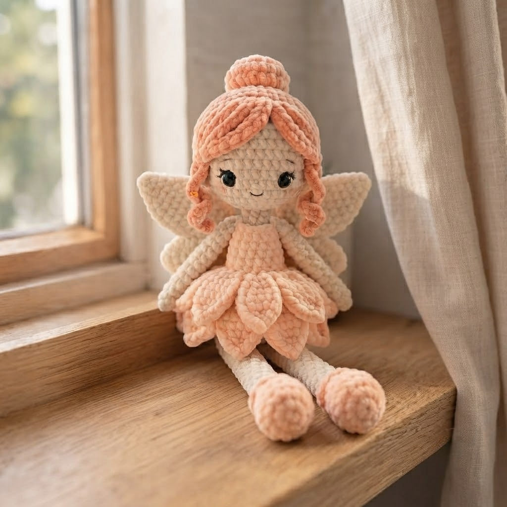 Handmade Peach Fairy Crochet Doll – Amigurumi Angel Plush, Soft Pastel Fairy Decor