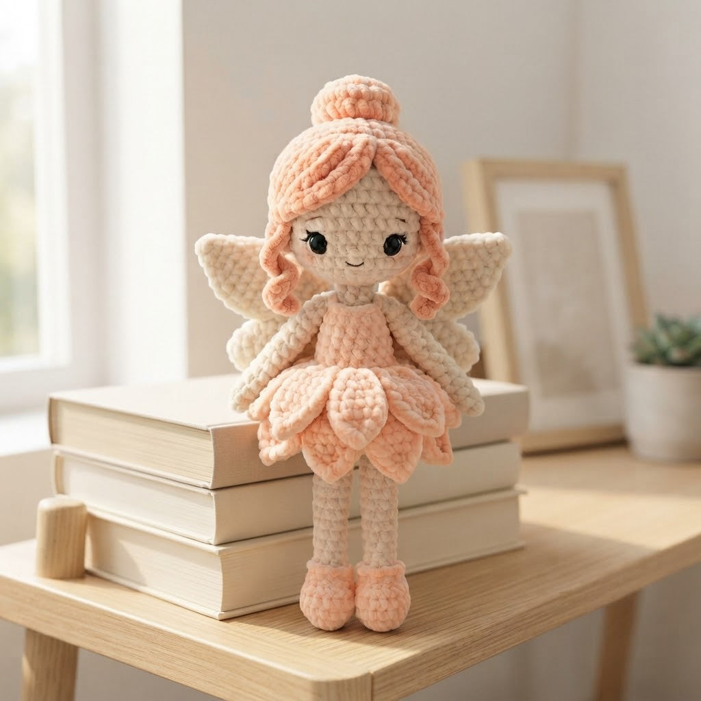 Handmade Peach Fairy Crochet Doll – Amigurumi Angel Plush, Soft Pastel Fairy Decor
