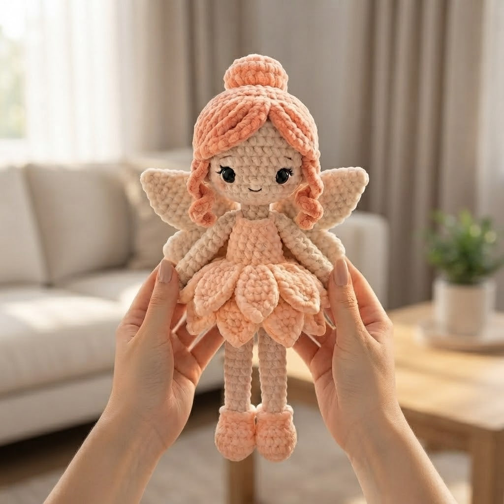 Handmade Peach Fairy Crochet Doll – Amigurumi Angel Plush, Soft Pastel Fairy Decor