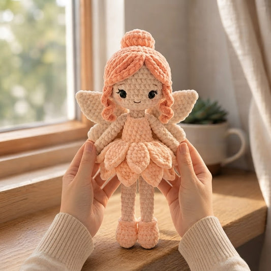 Handmade Peach Fairy Crochet Doll – Amigurumi Angel Plush, Soft Pastel Fairy Decor