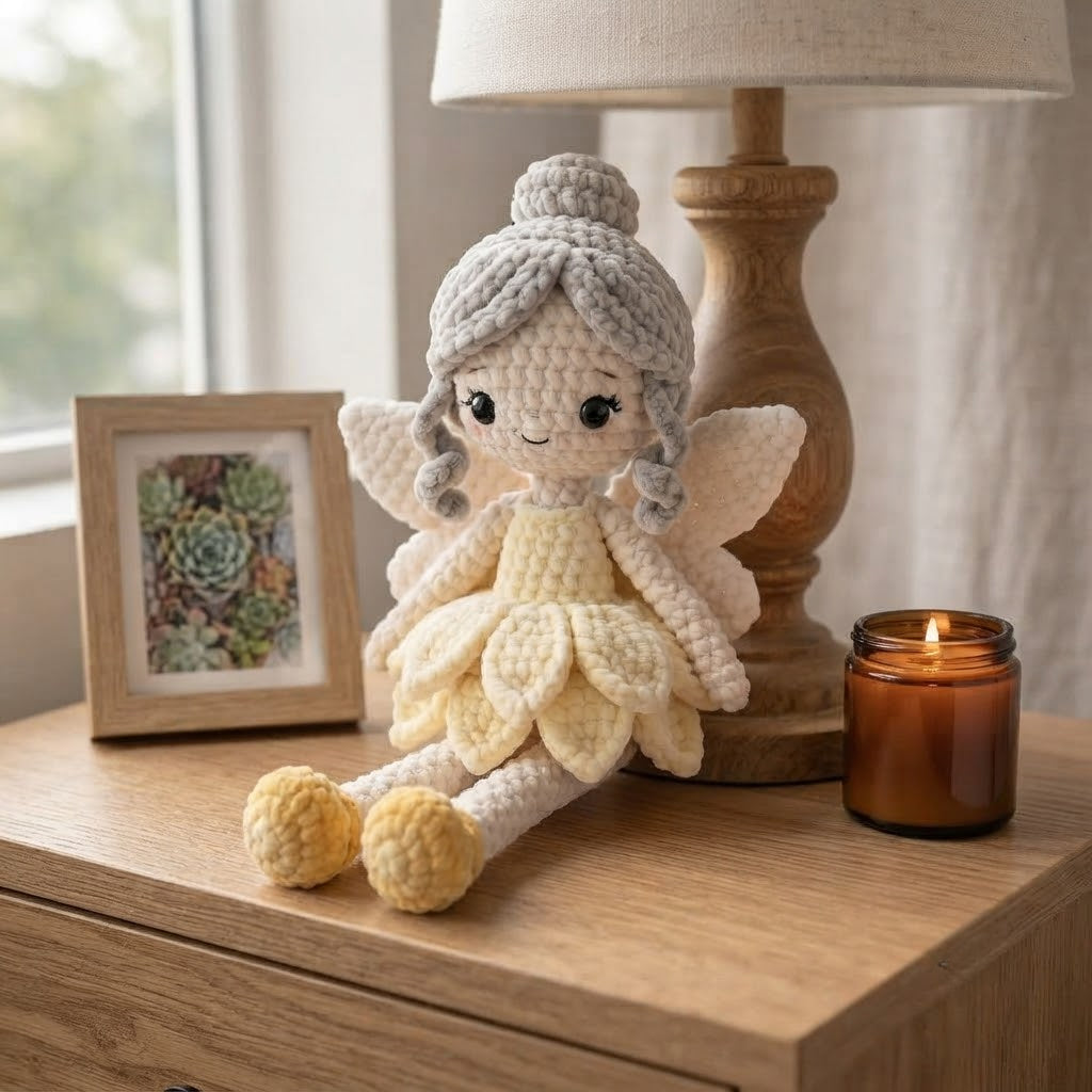 Handmade Ivory Fairy Crochet Doll – Amigurumi Angel Plush, Soft Neutral Fairy Decor
