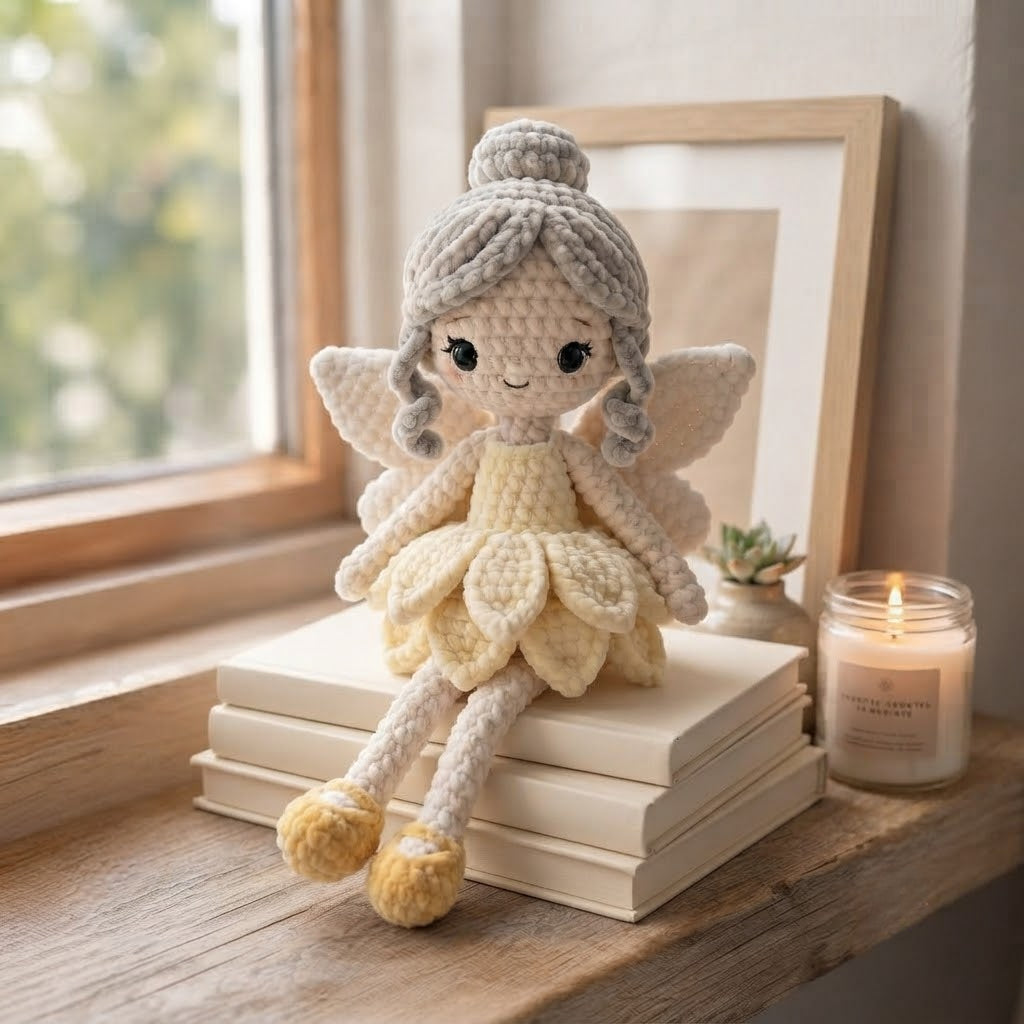 Handmade Ivory Fairy Crochet Doll – Amigurumi Angel Plush, Soft Neutral Fairy Decor