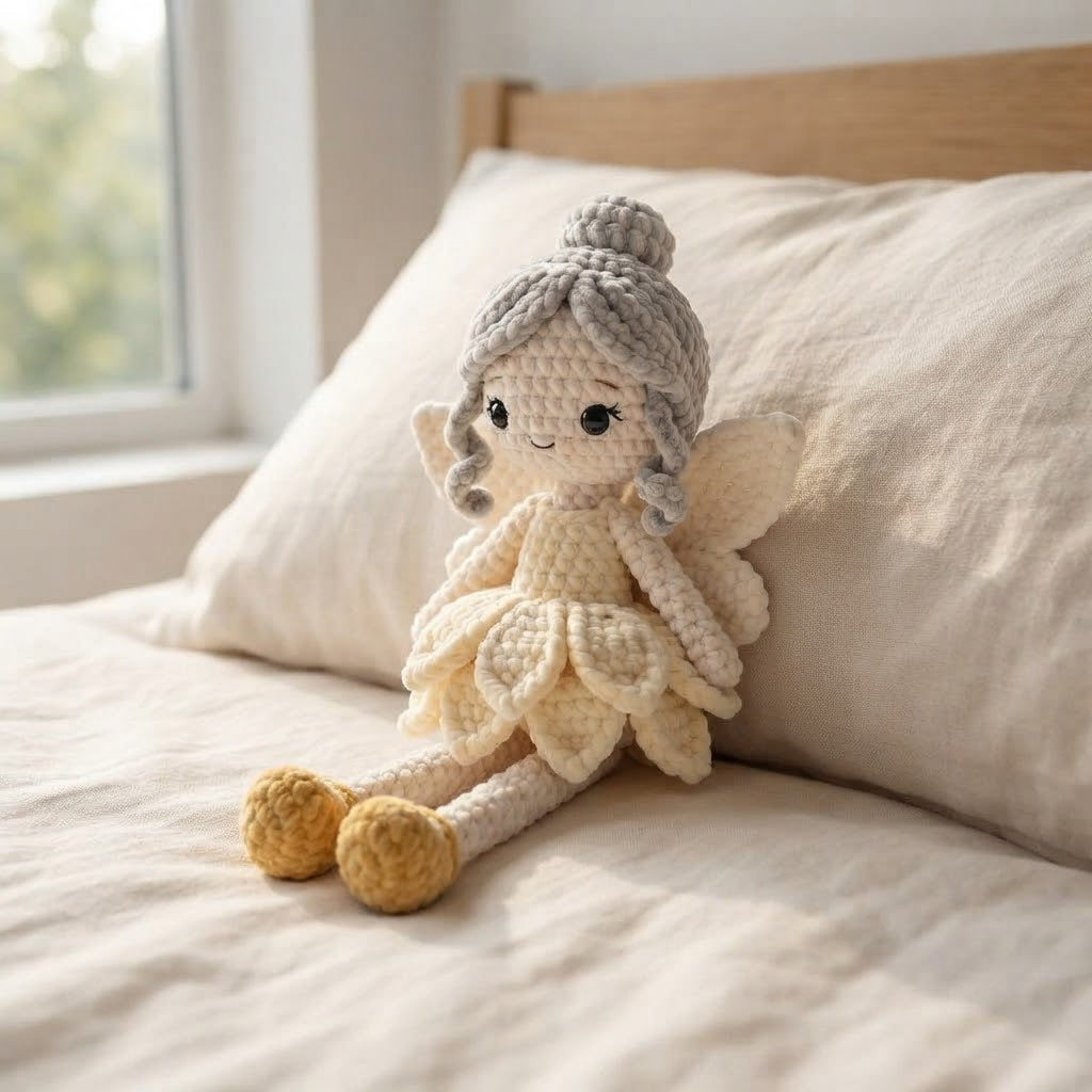 Handmade Ivory Fairy Crochet Doll – Amigurumi Angel Plush, Soft Neutral Fairy Decor