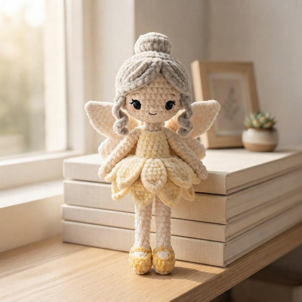 Handmade Ivory Fairy Crochet Doll – Amigurumi Angel Plush, Soft Neutral Fairy Decor