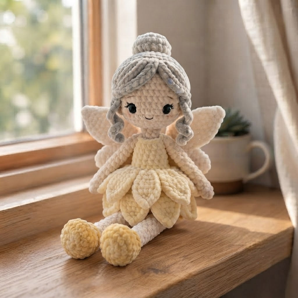 Handmade Ivory Fairy Crochet Doll – Amigurumi Angel Plush, Soft Neutral Fairy Decor