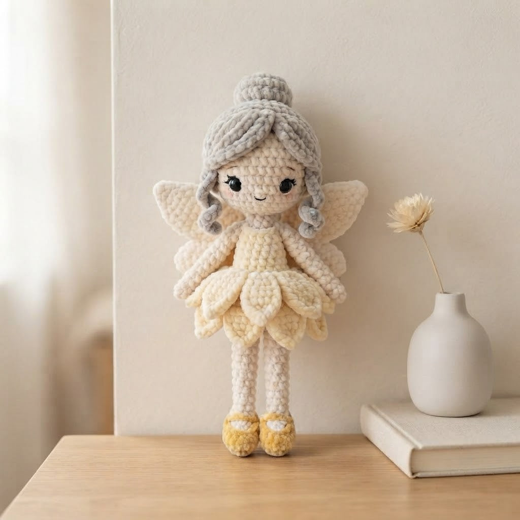 Handmade Ivory Fairy Crochet Doll – Amigurumi Angel Plush, Soft Neutral Fairy Decor