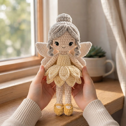Handmade Ivory Fairy Crochet Doll – Amigurumi Angel Plush, Soft Neutral Fairy Decor