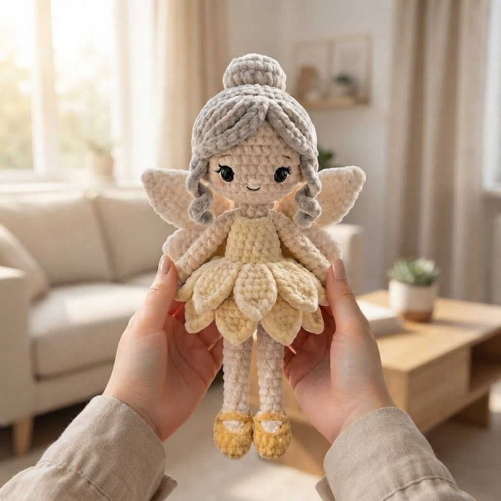 Handmade Ivory Fairy Crochet Doll – Amigurumi Angel Plush, Soft Neutral Fairy Decor