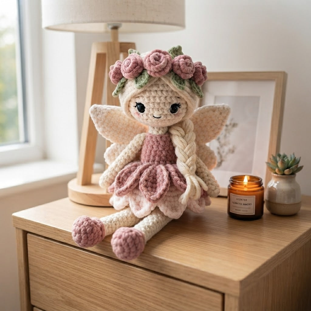 Handmade Pink Rose Fairy Crochet Doll – Amigurumi Angel Plush, Floral Fairy Decor