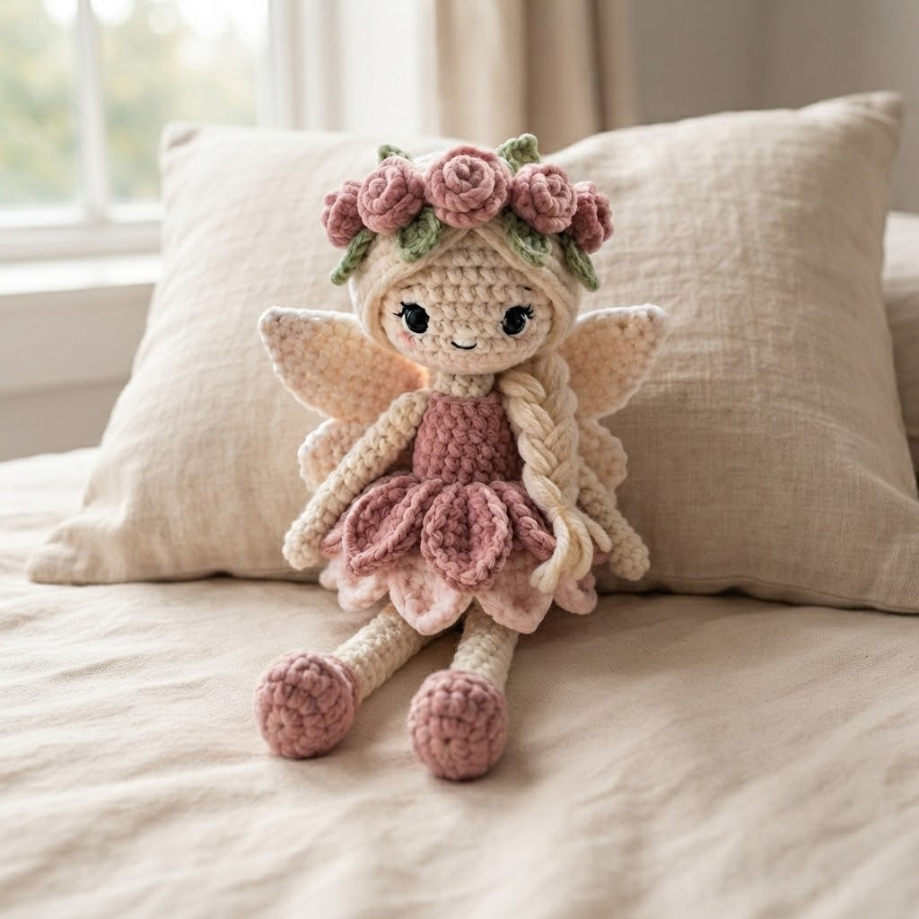 Handmade Pink Rose Fairy Crochet Doll – Amigurumi Angel Plush, Floral Fairy Decor