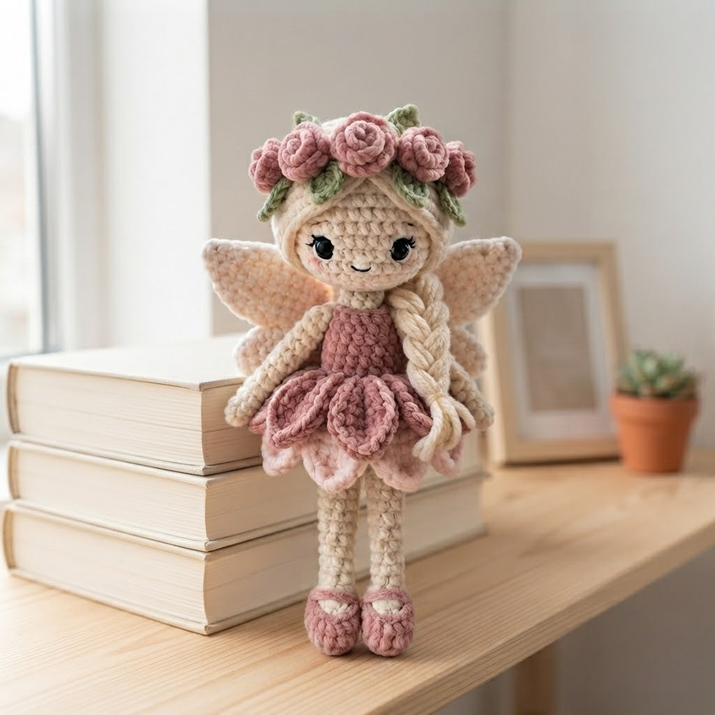 Handmade Pink Rose Fairy Crochet Doll – Amigurumi Angel Plush, Floral Fairy Decor