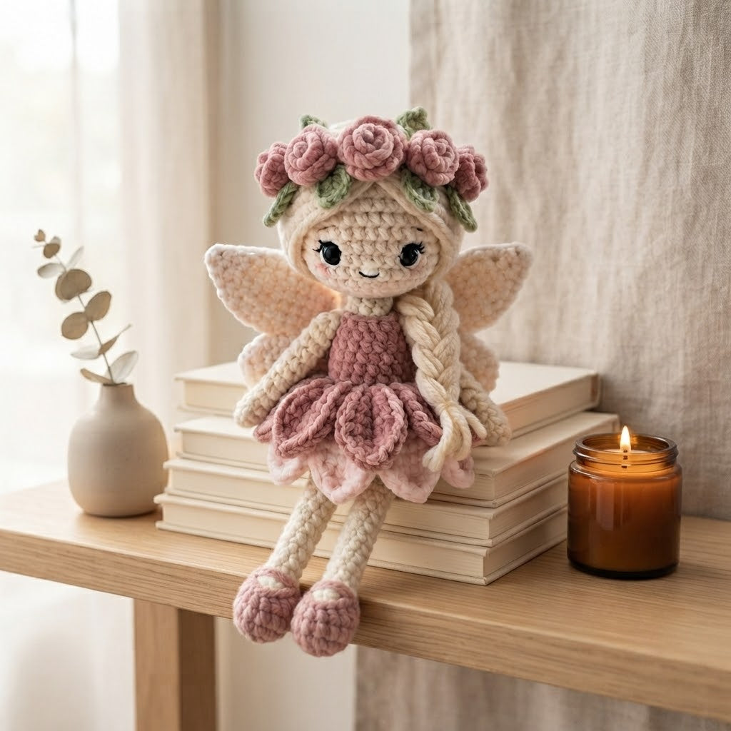 Handmade Pink Rose Fairy Crochet Doll – Amigurumi Angel Plush, Floral Fairy Decor