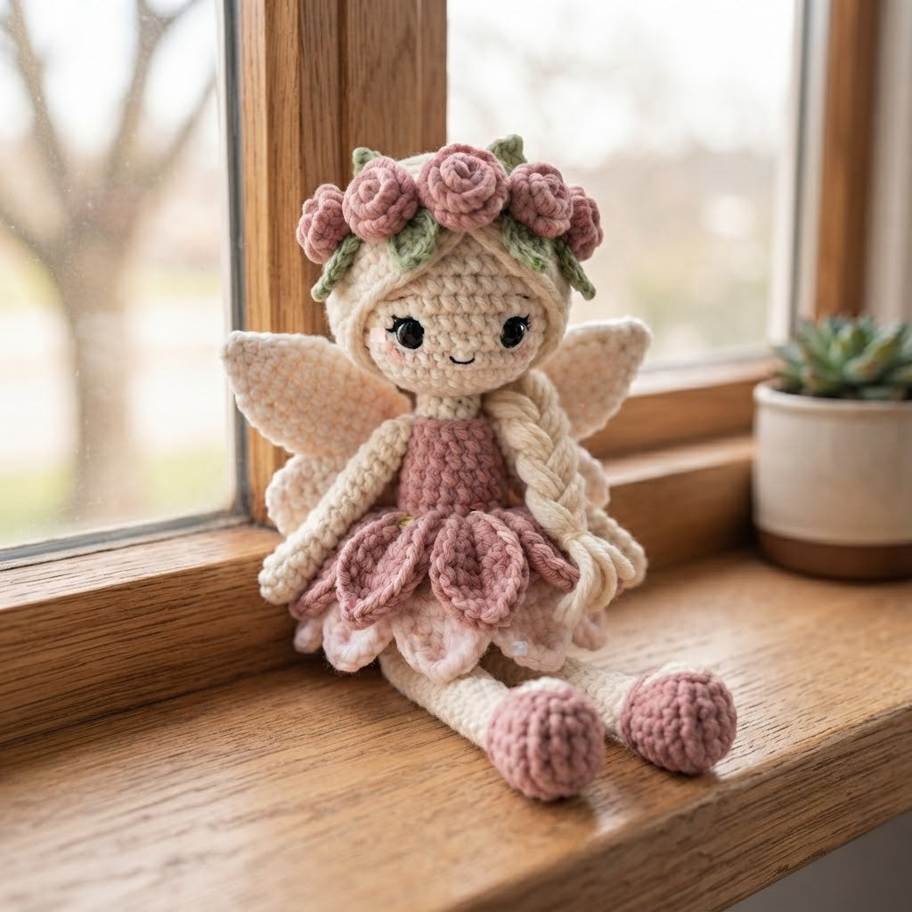 Handmade Pink Rose Fairy Crochet Doll – Amigurumi Angel Plush, Floral Fairy Decor