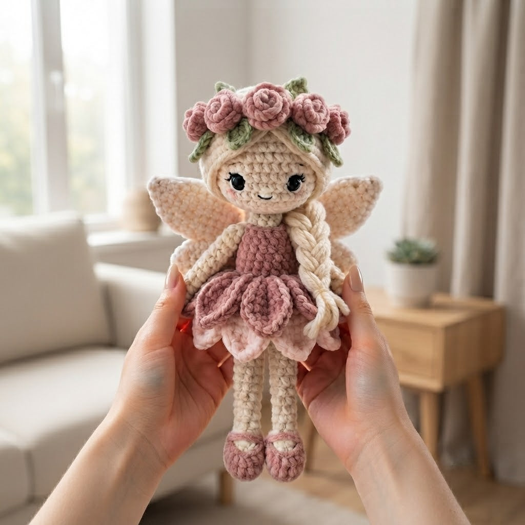 Handmade Pink Rose Fairy Crochet Doll – Amigurumi Angel Plush, Floral Fairy Decor
