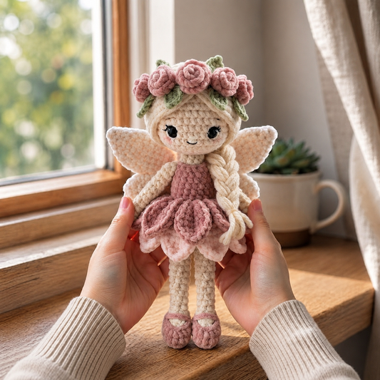 Handmade Pink Rose Fairy Crochet Doll – Amigurumi Angel Plush, Floral Fairy Decor