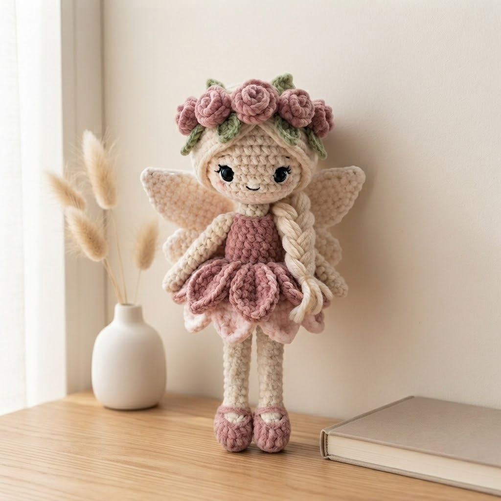 Handmade Pink Rose Fairy Crochet Doll – Amigurumi Angel Plush, Floral Fairy Decor