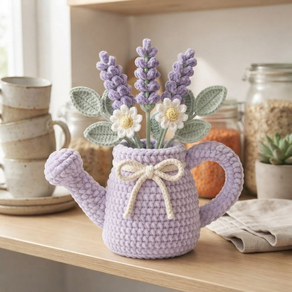 Handmade Lavender Watering Can Crochet Flowers – Lavender & Daisy Amigurumi Floral Decor
