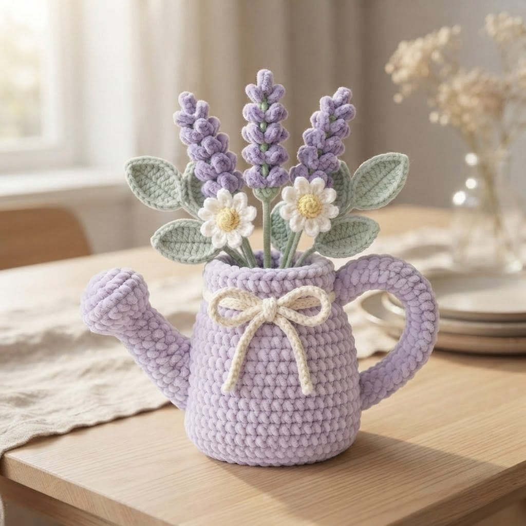 Handmade Lavender Watering Can Crochet Flowers – Lavender & Daisy Amigurumi Floral Decor