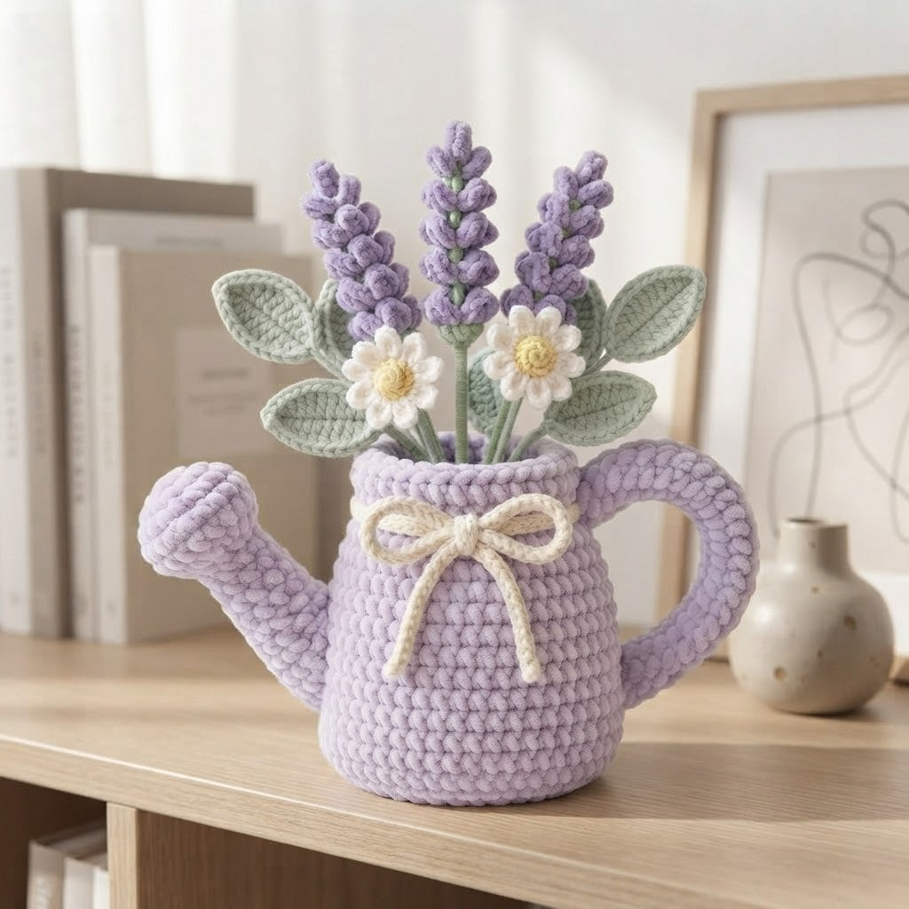 Handmade Lavender Watering Can Crochet Flowers – Lavender & Daisy Amigurumi Floral Decor
