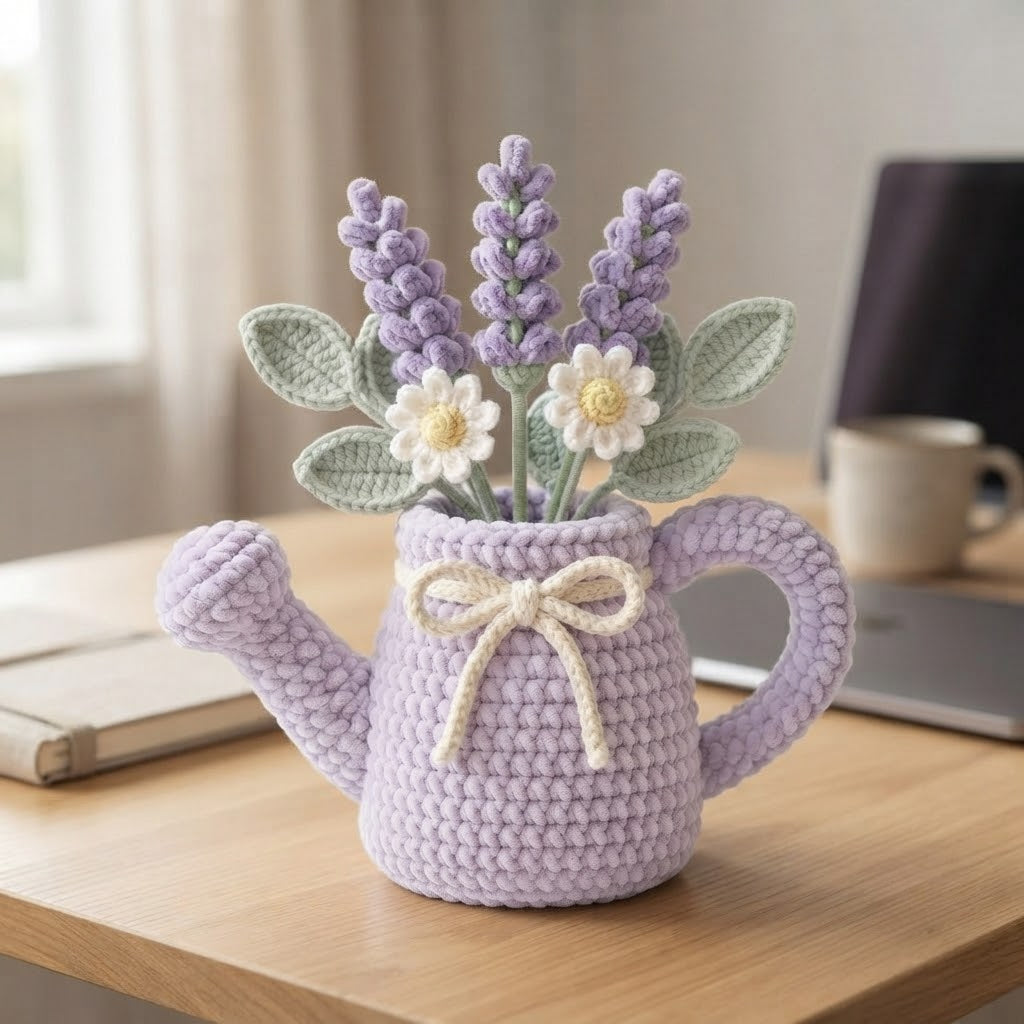 Handmade Lavender Watering Can Crochet Flowers – Lavender & Daisy Amigurumi Floral Decor
