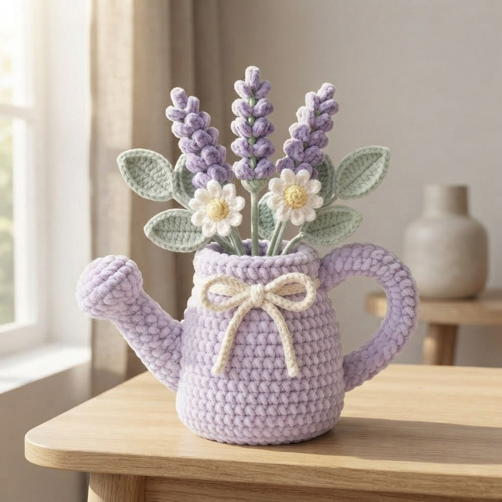 Handmade Lavender Watering Can Crochet Flowers – Lavender & Daisy Amigurumi Floral Decor