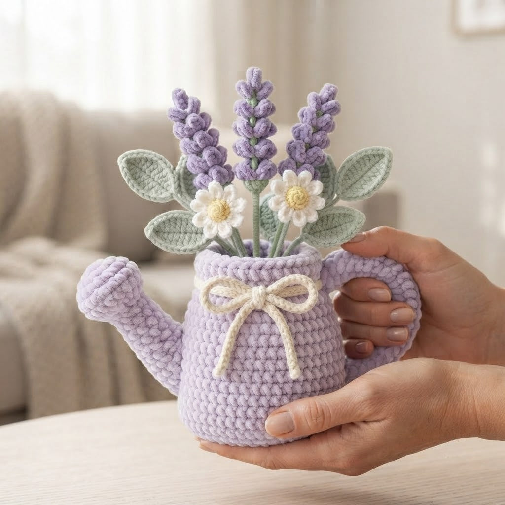 Handmade Lavender Watering Can Crochet Flowers – Lavender & Daisy Amigurumi Floral Decor