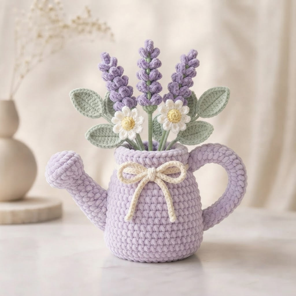 Handmade Lavender Watering Can Crochet Flowers – Lavender & Daisy Amigurumi Floral Decor