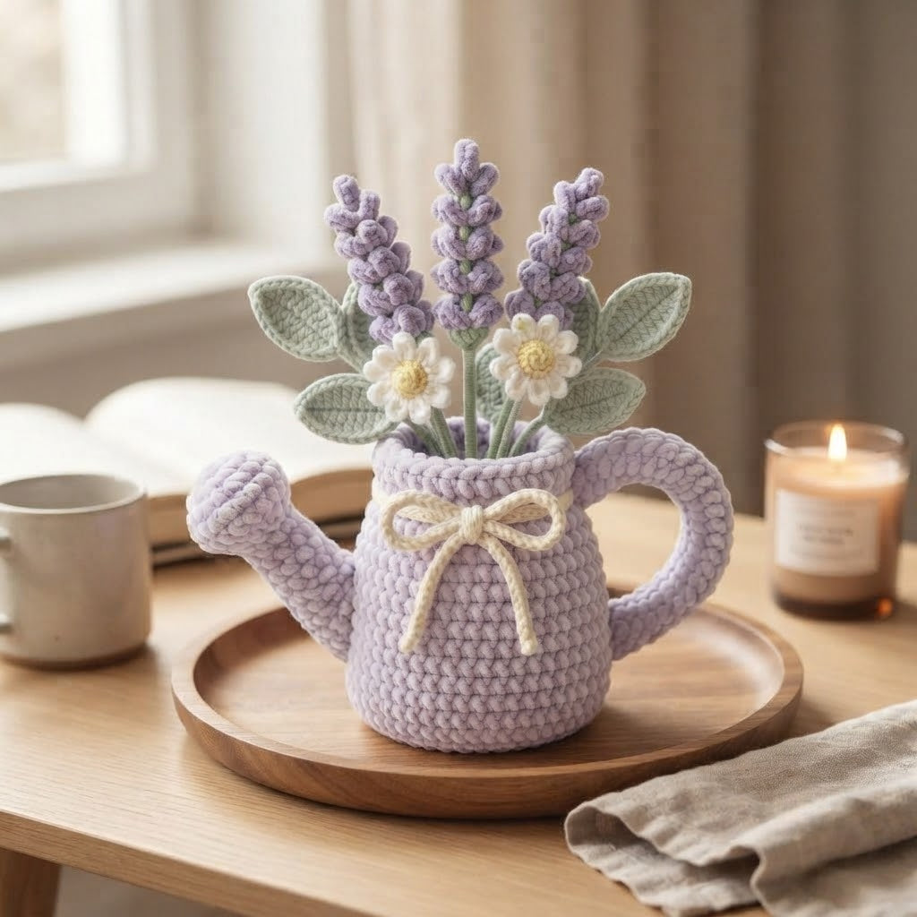 Handmade Lavender Watering Can Crochet Flowers – Lavender & Daisy Amigurumi Floral Decor