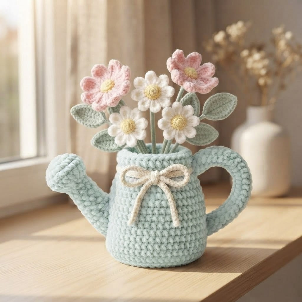 Handmade Mint Watering Can Crochet Flowers – Pink & White Daisy Amigurumi Floral Decor