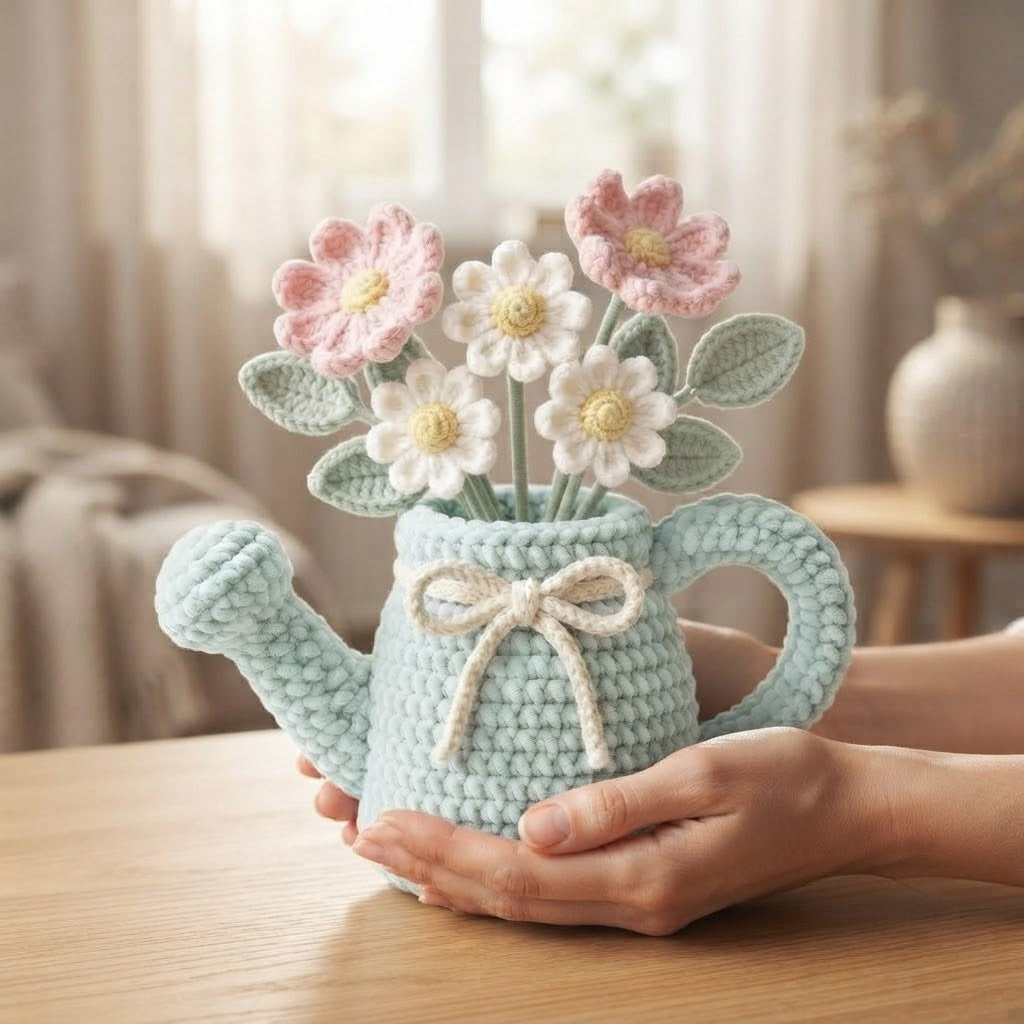 Handmade Mint Watering Can Crochet Flowers – Pink & White Daisy Amigurumi Floral Decor