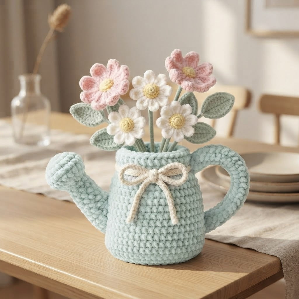 Handmade Mint Watering Can Crochet Flowers – Pink & White Daisy Amigurumi Floral Decor