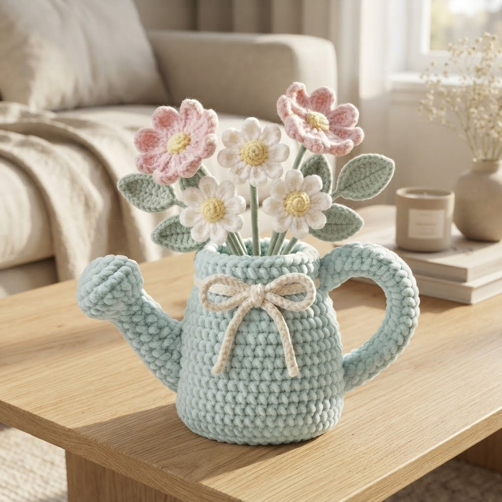 Handmade Mint Watering Can Crochet Flowers – Pink & White Daisy Amigurumi Floral Decor