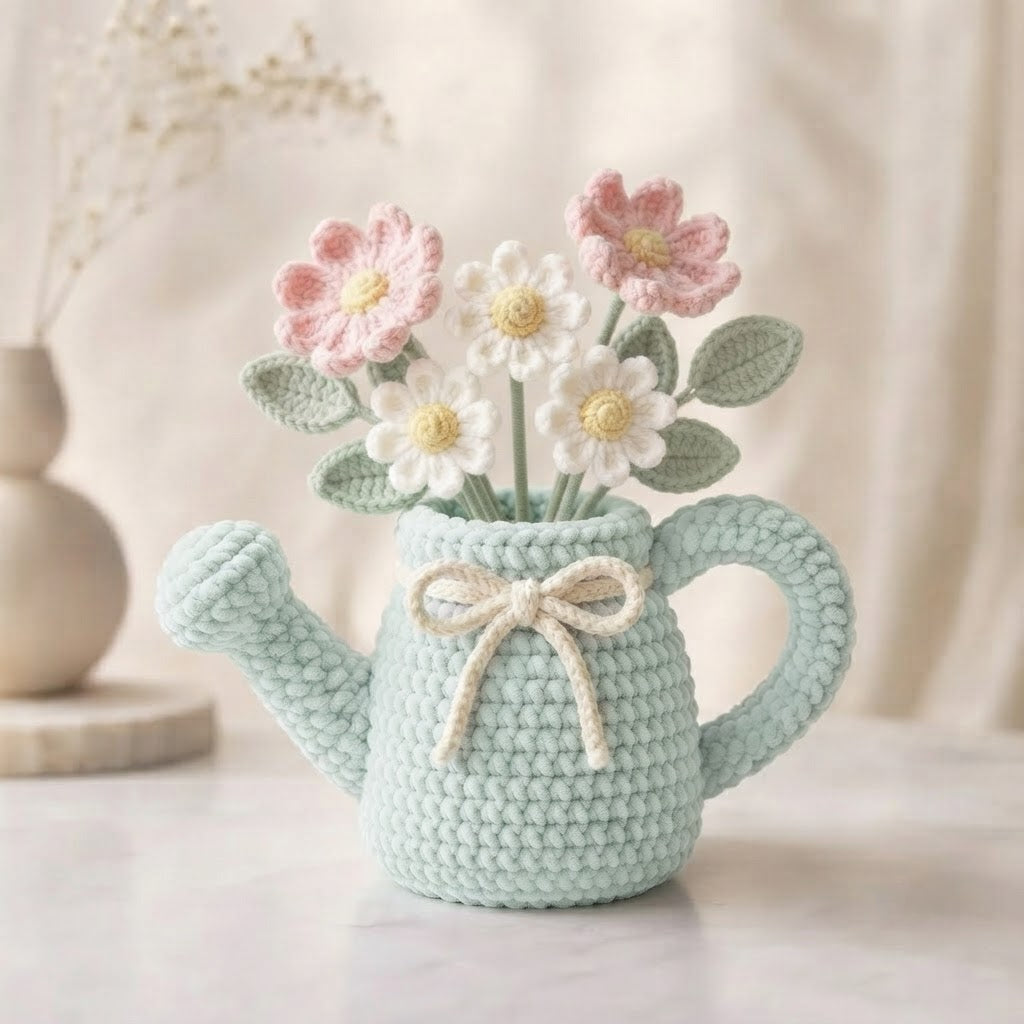 Handmade Mint Watering Can Crochet Flowers – Pink & White Daisy Amigurumi Floral Decor