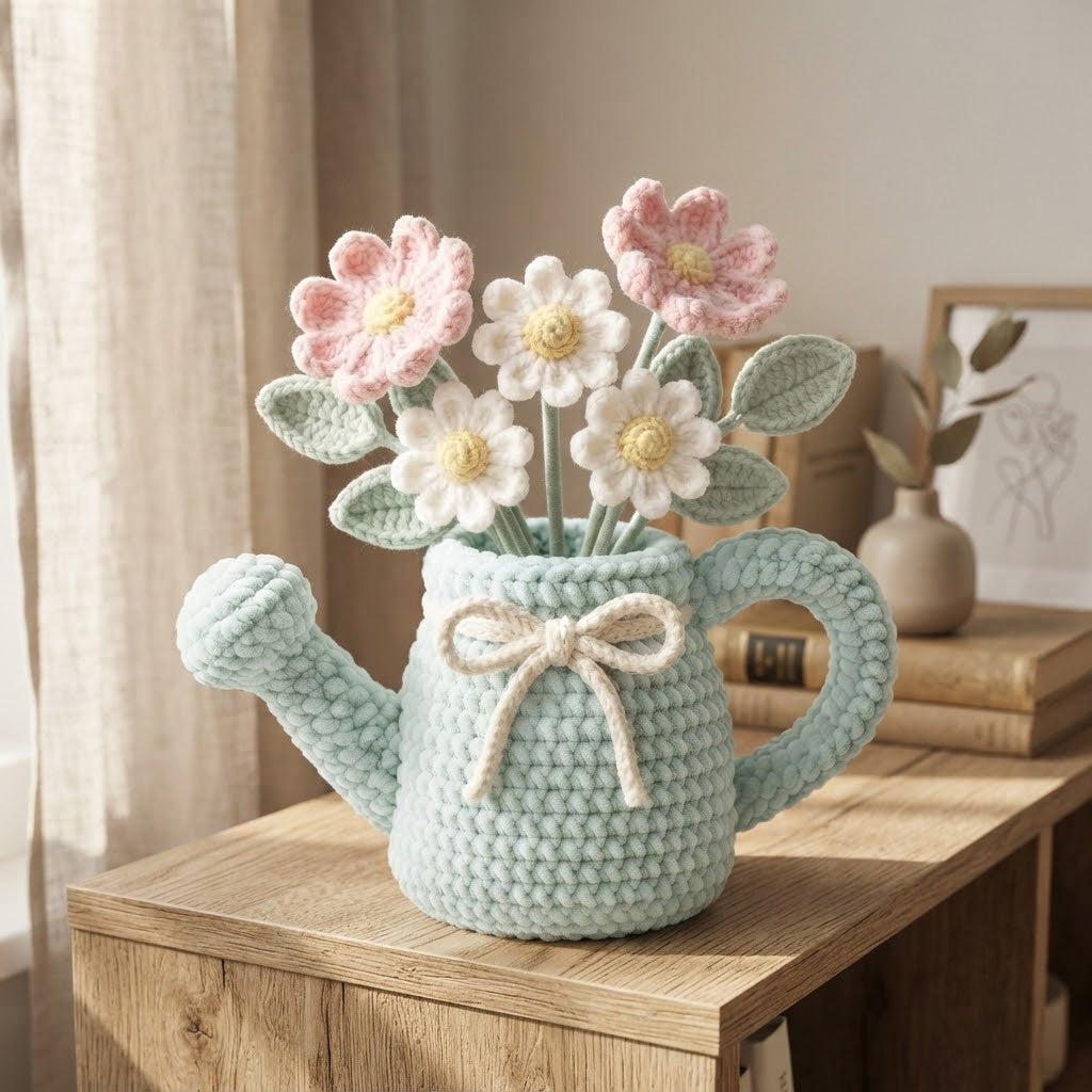 Handmade Mint Watering Can Crochet Flowers – Pink & White Daisy Amigurumi Floral Decor