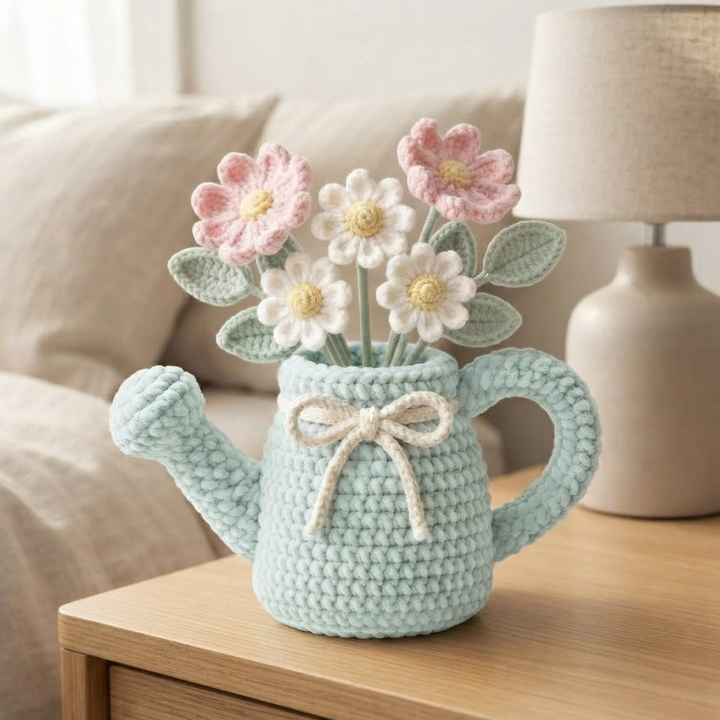 Handmade Mint Watering Can Crochet Flowers – Pink & White Daisy Amigurumi Floral Decor