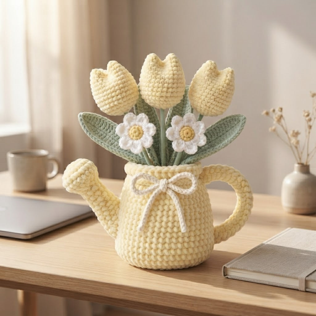 Handmade Yellow Watering Can Crochet Flowers – Tulip & Daisy Amigurumi Floral Decor