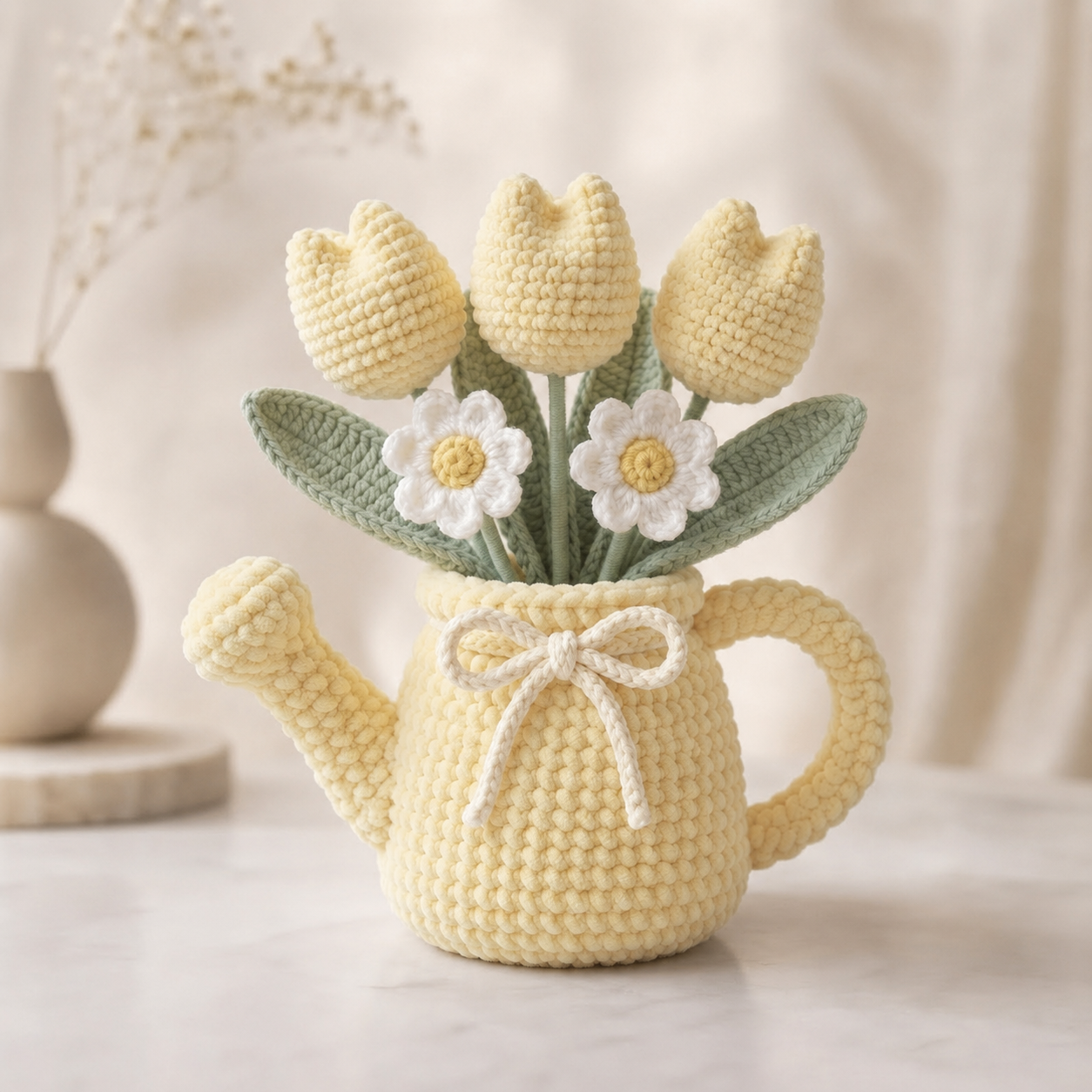 Handmade Yellow Watering Can Crochet Flowers – Tulip & Daisy Amigurumi Floral Decor