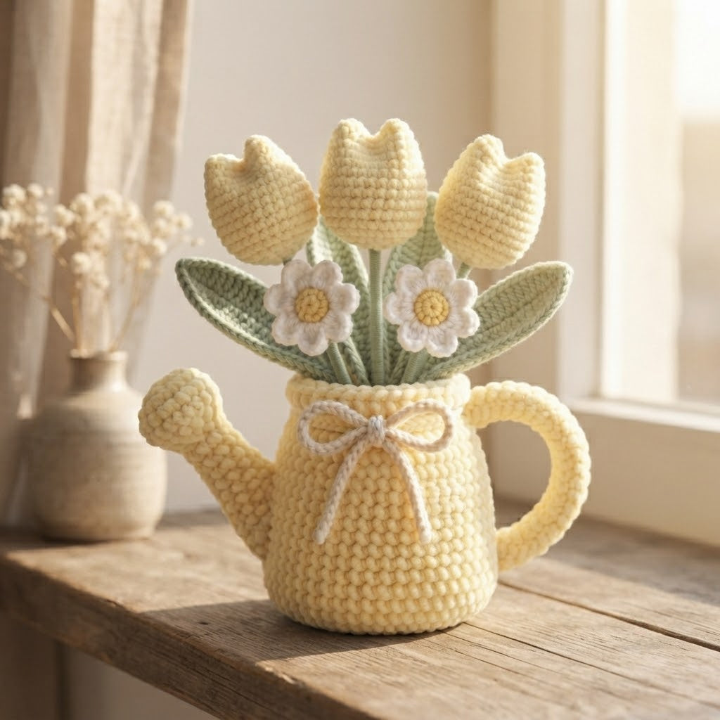 Handmade Yellow Watering Can Crochet Flowers – Tulip & Daisy Amigurumi Floral Decor