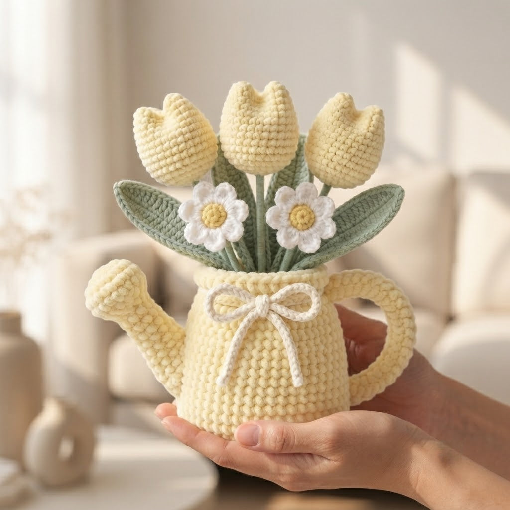 Handmade Yellow Watering Can Crochet Flowers – Tulip & Daisy Amigurumi Floral Decor