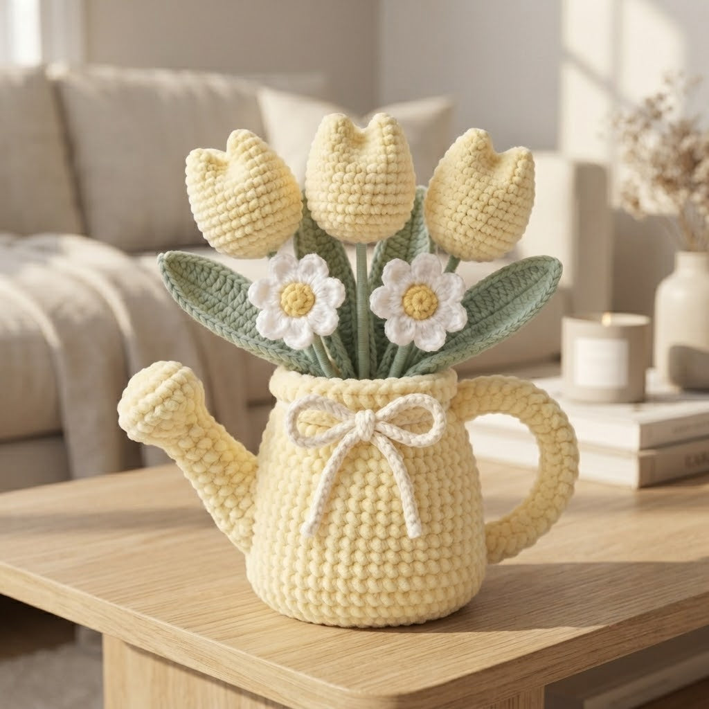 Handmade Yellow Watering Can Crochet Flowers – Tulip & Daisy Amigurumi Floral Decor
